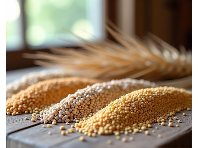 Gros plan sur une variété de céréales anciennes, comme l'épeautre, le seigle et le kamut, avec des épis de blé et des grains.