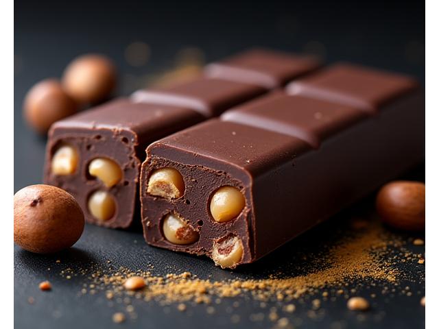Tablette de chocolat noir artisanal avec des noisettes torréfiées sur un fond élégant.